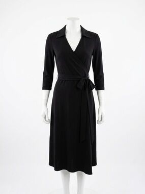 Classic Black Midi Wrap Dress with Tie Waist Office Capsule Little Black Dress